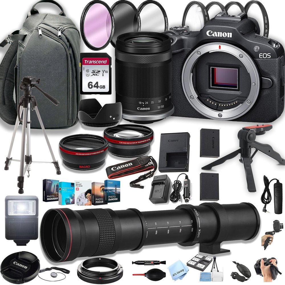 Canon EOS R100 Mirrorless Camera with 18-150mm Lens + 420-800mm Super Telephoto Lens + 100S Sling Backpack + 64GB Memory Cards, Professional Photo Bundle (42pc Bundle) (Renewed)
