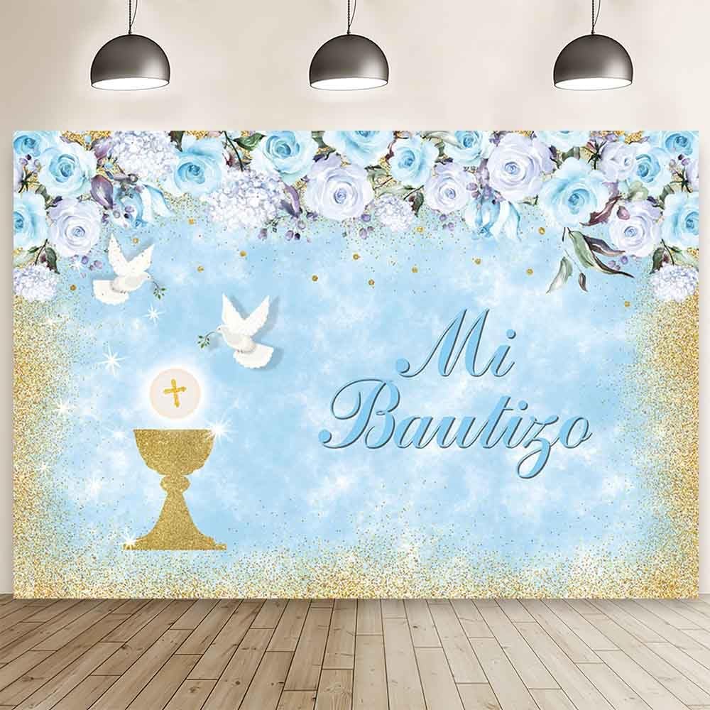 AIBIIN Mi Bautizo Backdrop Boy Baptism Banner Gold Chalice Doves Christening Photography Background Blue Floral First Holy Communion God Bless Photo Studio Props 8x6ft