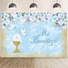 AIBIIN Mi Bautizo Backdrop Boy Baptism Banner Gold Chalice Doves Christening Photography Background Blue Floral First Holy Communion God Bless Photo Studio Props 8x6ft view 1