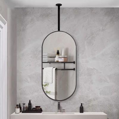 SXBHDM Ceiling Hanging Floating Mirror with Metal Frame, Modern Oval Decorative Mirrors Bathroom HD Vanity Make-up Mirrors, Black Ceiling Mounted Mirrors (Size : 40cmx60cm)