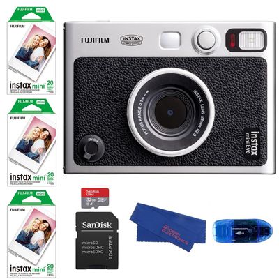 Fujifilm INSTAX MINI EVO Hybrid Instant Camera (Black) Bundle, Includes: 60 INSTAX Mini Film (60 Exposures), SanDisk 32GB MicroSDHC Memory Card and More (5 Items)