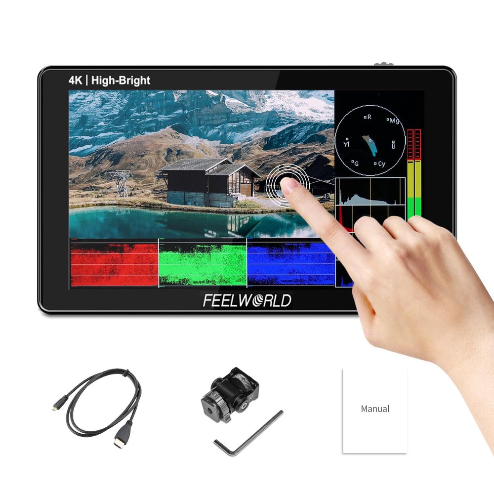 FEELWORLD 1600Nit 4k Ultra Bright Camera Video Monitor 5.5 Inch HDMI Touch Screen DSLR Field Monitor 1920x1200 IPS F970 External Power and Install Kit