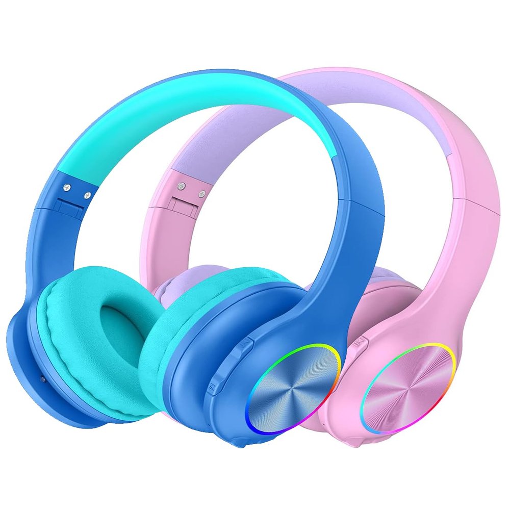 2024 Bluetcooth Kids Headphones Fit for Aged 3-21, Colorful LED Lights Comfort Wireless Headphones with Microphone 94dB Volume Limited for School/iPad/PC/TV/Cellphones, Wired & TF Card Mode, Blue,Pink
