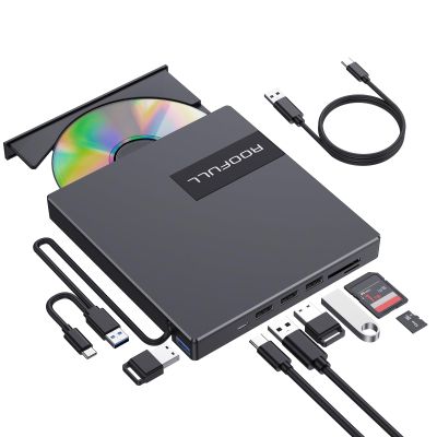ROOFULL External CD DVD Drive with 4* USB Ports and 2* SD/TF Card Slot for Laptop, USB 3.0 Type-C CD-R/RW/ROM Reader Writer Burner DVD Player Disc Drive for PC Mac Windows 11/10 MacBook Linux Computer