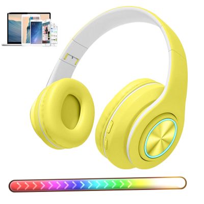 Bluetooth Over Ear Headphones with Colorful LED Lights, Foldable Hi-Fi Stereo Headphones with Mic, Wired & Wireless for Classroom/Home Office/PC/Mobile (Yellow)