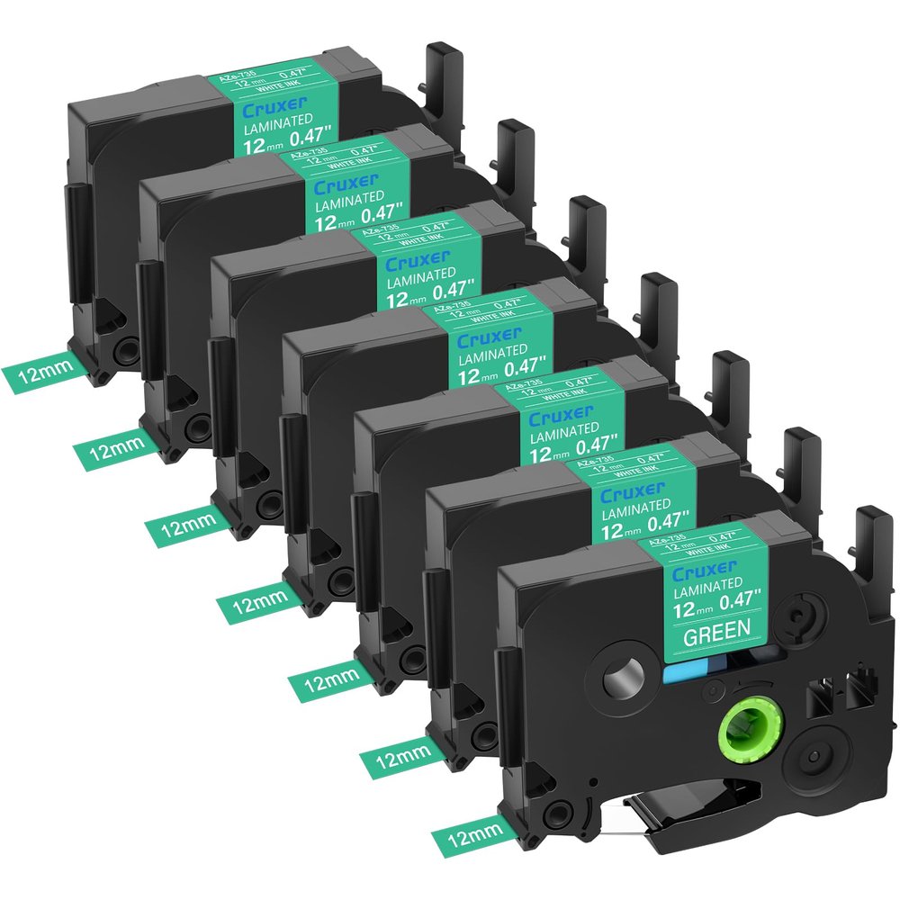7 Pack Cruxer Replacement for Product Brother TZe-735 TZ735 Label Tape 0.47" 12mm Laminated White on Green Compatible with Brother P Touch PT-D210 D200 H110 H100 1880 D220 D410 D600 Label Maker
