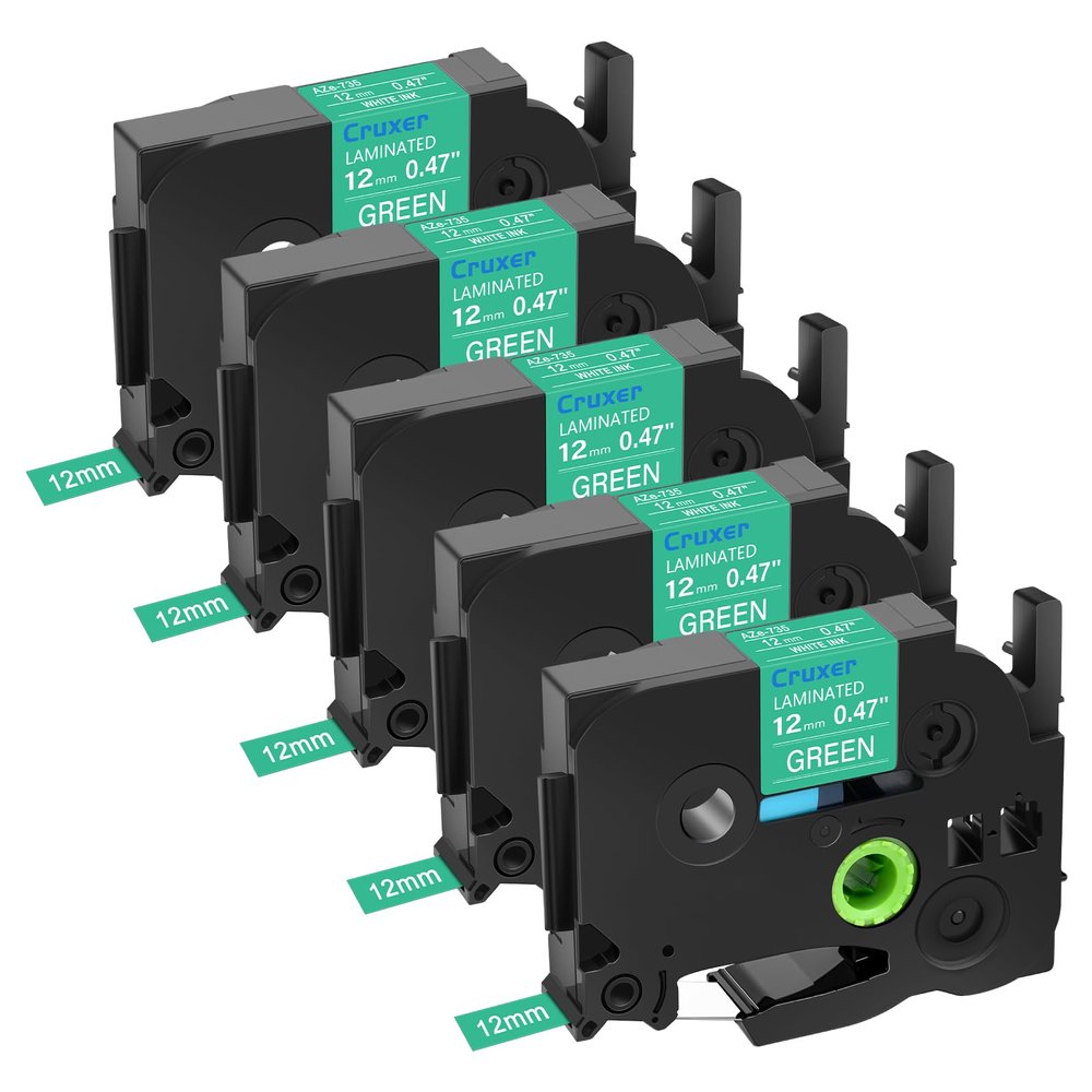 5 Pack Cruxer Replacement for Product Brother TZe-735 TZ735 Label Tape White on Green Laminated 0.47" 12mm Compatible with Brother P Touch PT-D210 D200 H110 H100 1880 D220 D410 D600 Label Maker