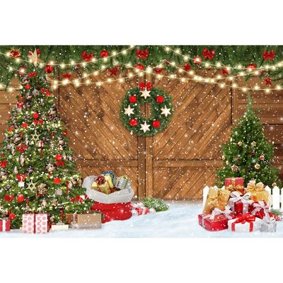 CRTPOD 10x7ft Christmas Backdrop for Photoshoot Wooden Barn Door Winter Snowflake Background for Photography Xmas Tree Snow Gifts Decor Family Holiday Party Banner Wall Decor Portrait Studio Props