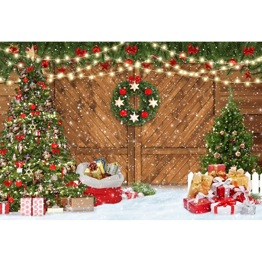 CRTPOD 10x7ft Christmas Backdrop for Photoshoot Wooden Barn Door Winter Snowflake Background for Photography Xmas Tree Snow Gifts Decor Family Holiday Party Banner Wall Decor Portrait Studio Props