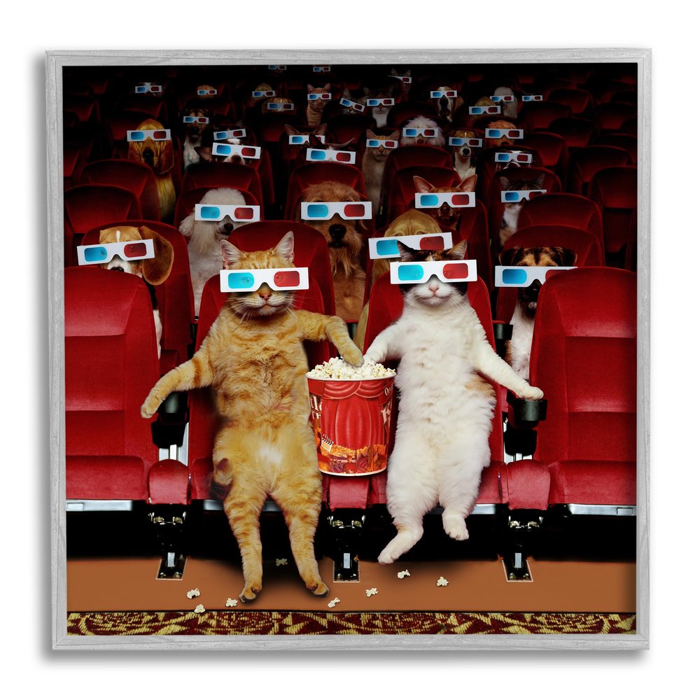 Stupell Industries Cats at 3D Movie Theater Gray Framed Giclee Art Design by Lund Roeser