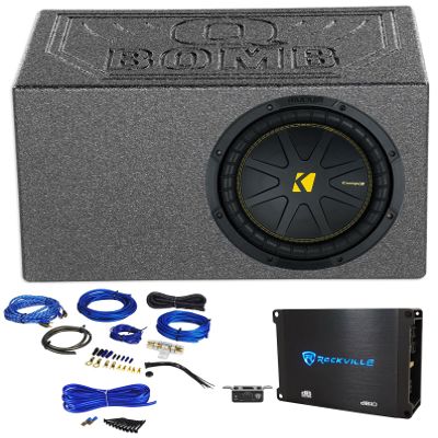 Kicker 50CWCS104 CompC 10" SVC Subwoofer Bundle with Rockville Vented Box+Mono Amplifier+Wires CWCS104 (5 Items)