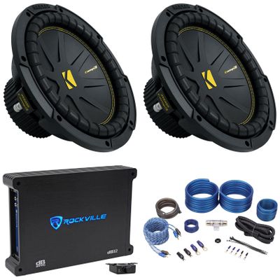 2 Kicker 50CWCS104 CompC 10" SVC 4 ohm Subwoofers Bundle with Rockville Mono Amplifier+Amp Kit CWCS104 (4 Items)