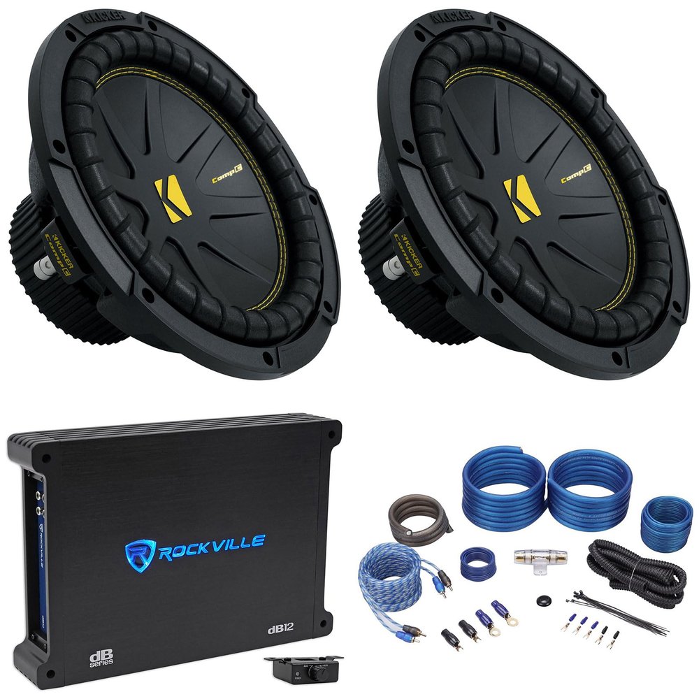 2 Kicker 50CWCS104 CompC 10" SVC 4 ohm Subwoofers Bundle with Rockville Mono Amplifier+Amp Kit CWCS104 (4 Items)