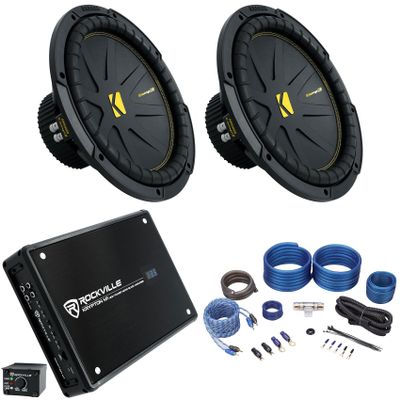 2 Kicker 50CWCD124 CompC 12" DVC 4 ohm Subwoofers Bundle with Rockville Mono Amplifier+Amp Kit CWCD124 (4 Items)