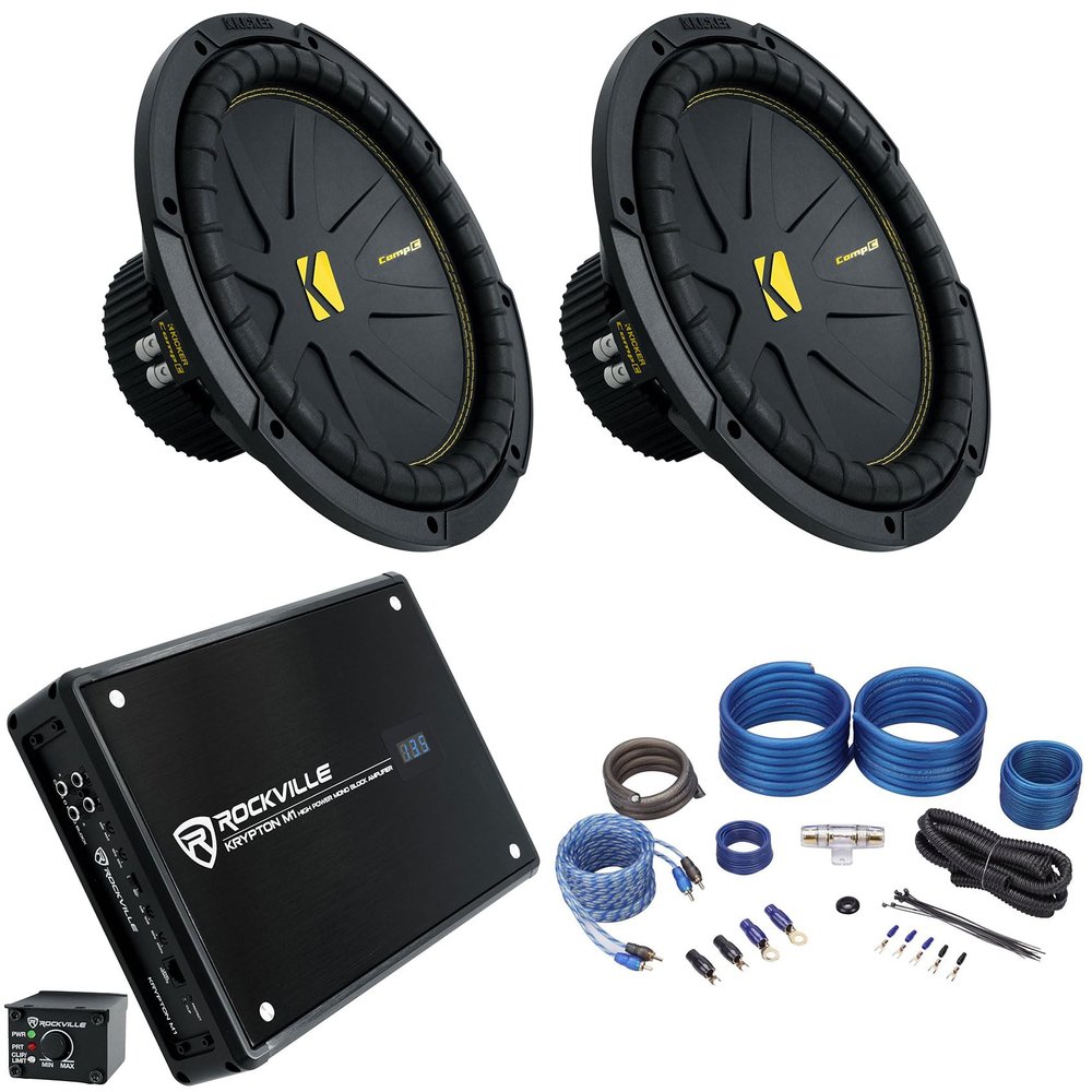 2 Kicker 50CWCD124 CompC 12" DVC 4 ohm Subwoofers Bundle with Rockville Mono Amplifier+Amp Kit CWCD124 (4 Items)