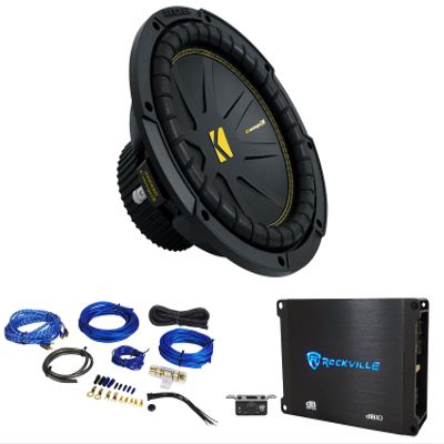 KICKER 50CWCS104 CompC 10" SVC 4 ohm Subwoofer Bundle with Rockville Mono Amplifier+Amp Kit CWCS104 (3 Items)