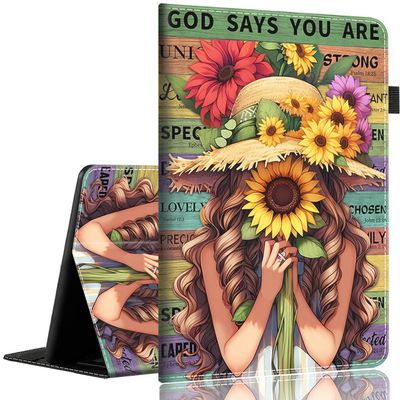 Case for Amazon Fire HD 10 Tablet (9th/7th/5th Generation,2019/2017/2015 Release)Slim Fit Foldable Standing Cover Case with Auto Sleep/WakeSunflower Girl Inspirational Quote Wooden Plank