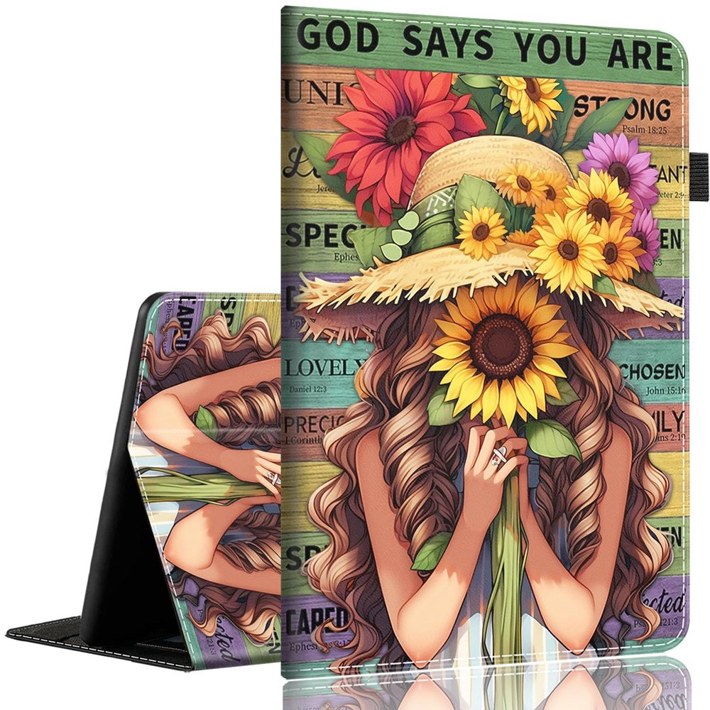 Case for Amazon Fire HD 10 Tablet (9th/7th/5th Generation,2019/2017/2015 Release)Slim Fit Foldable Standing Cover Case with Auto Sleep/WakeSunflower Girl Inspirational Quote Wooden Plank