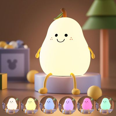 Myratts Led Cute Pear Night Light, Dimmable Nursery Lamps, Super Squishy Silicone USB Rechargeable Touch Control 7 Colors Night Lamp for Kids Adults, Used for Camping Party Room Decor(Pear)