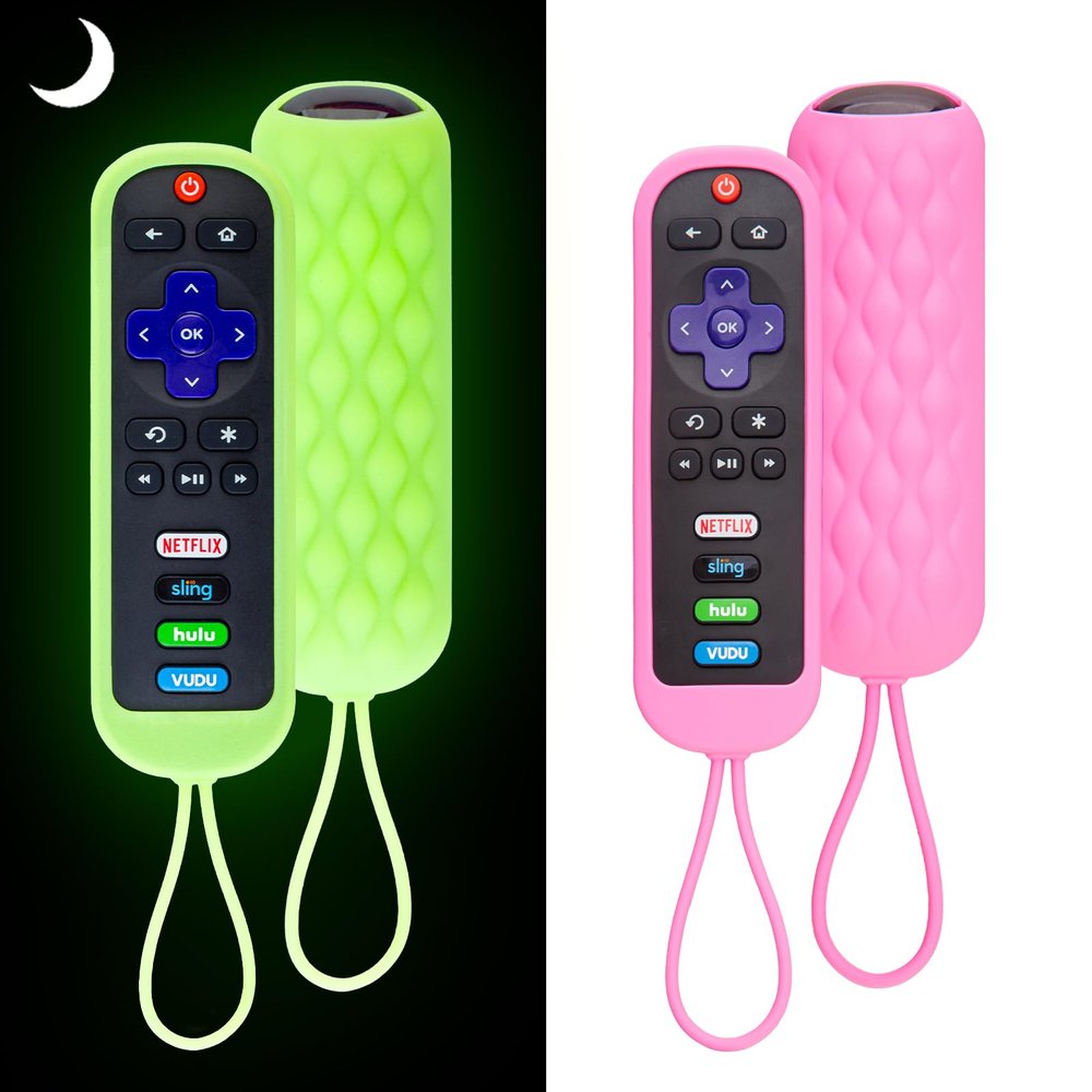 2 Pack Roku Remote Cover - Silicone Protective Case for Roku TV TCL - Anti Slip Remote Sleeve Glow in The Dark (Glow Green + Pink)