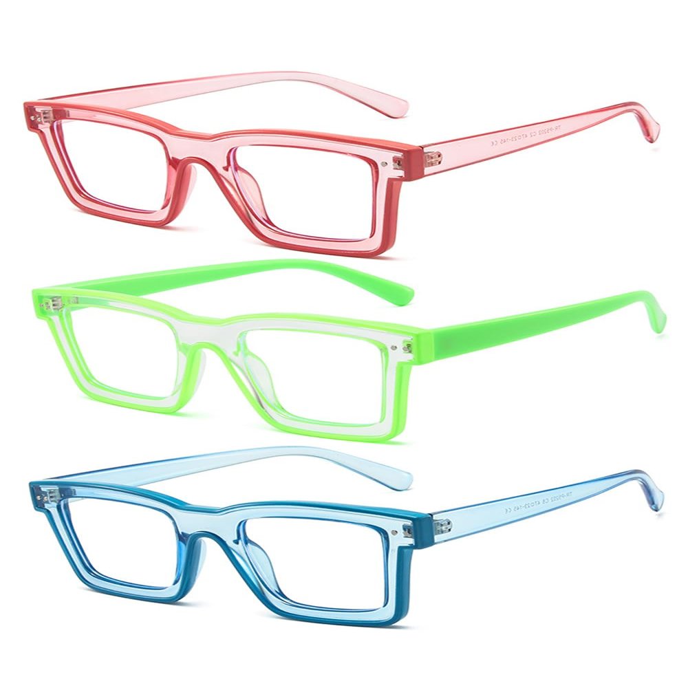 ICARA 3 Pack Fashion Simple Square Reading Glasses Blue Light Blocking Anti Eyestrain Computer Readers (red+green+blue, 1.75)