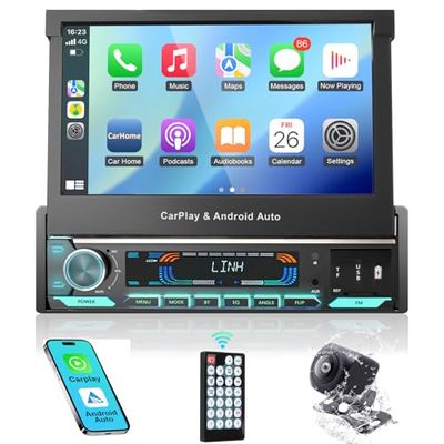 2026 Single Din Car Stereo with Apple CarPlay & Android Auto - 7 Inch Motorized Flip Out Touchscreen Bluetooth 5.1 Car Radio | Backup Camera/Mirror Link/USB/AUX/AM/FM/Subwoofer/DSP