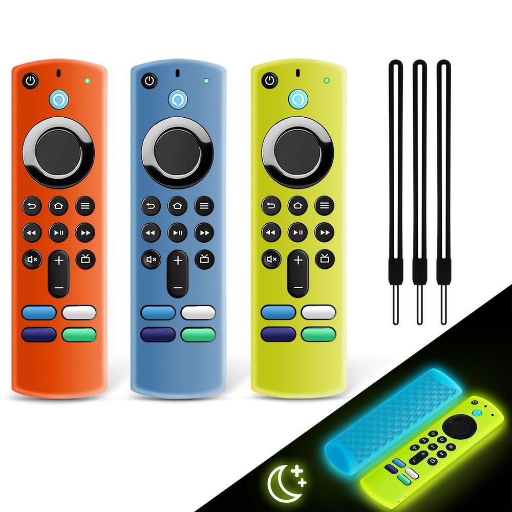 3 Pack Silicone Remote Cover Case, Anti Slip Silicone Protective Case with Lanyard(Glow Blue & Glow Yellow & Orange)