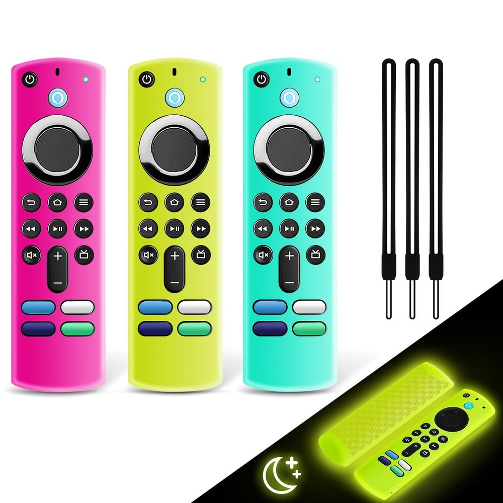 3 Pack Silicone Remote Cover, Anti Slip Silicone Protective Case Glow in The Dark with Lanyard(Glow Yellow & Sky Blue & Rose Red)