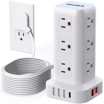 Surge Protector Power Strip Tower with Flat Plug, 10FT Ultra Thin Extension Cord with Multiple Outlets (1 USB-C), 1020J ProtectionDesk Charging Station for Office, Dorm Room Essentials