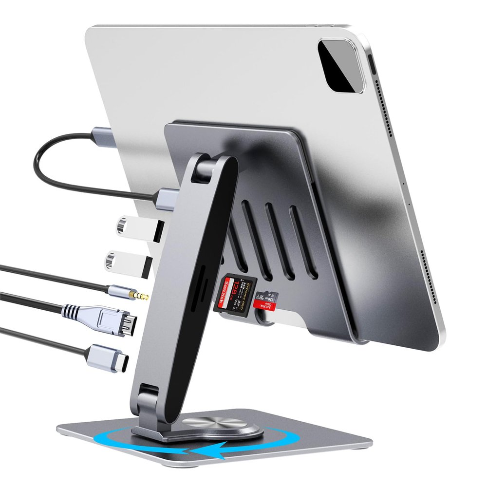 Adjustable Tablet Stand with USBC Hub 7-in-1, Aluminum Tablet Holder with Docking Station, 360 Swivel Base, 4K HDMI, 100W PD Charging, USB 3.0, SD/TF Reader, 3.5mm Audio, for iPad with USB-C Port