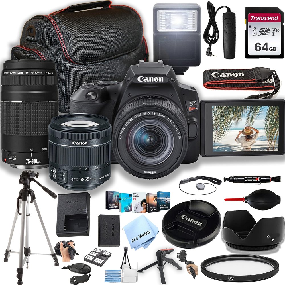 Canon EOS Rebel SL3 DSLR Camera w/EF-S 18-55mm F/4-5.6 STM Zoom Lens + 75-300mm F/4-5.6 III Lens + 64GB Memory, Case, Tripod, Flash, Remote, and More (34pc Bundle) (Renewed)