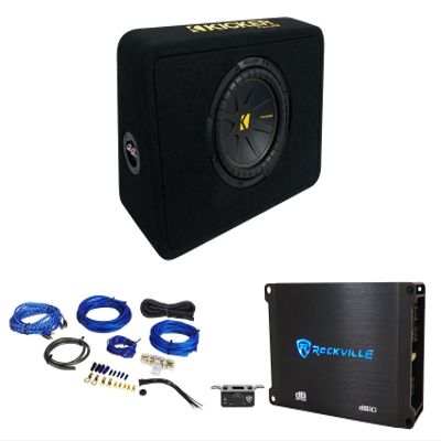 KICKER 50TCWC104 10" Subwoofer Bundle with Rockville Slim Shallow Sub Box+Mono Amplifier+Wires TCWC104 (3 Items)