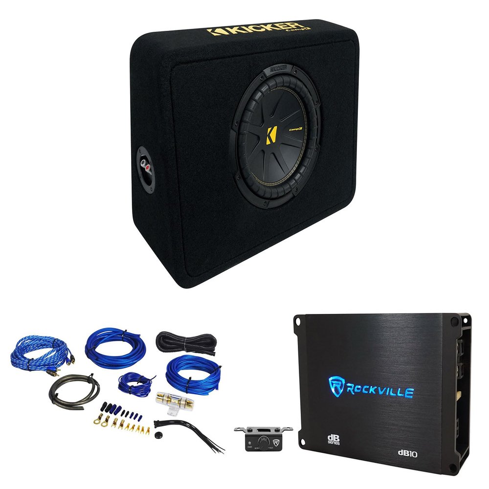 KICKER 50TCWC104 10" Subwoofer Bundle with Rockville Slim Shallow Sub Box+Mono Amplifier+Wires TCWC104 (3 Items)