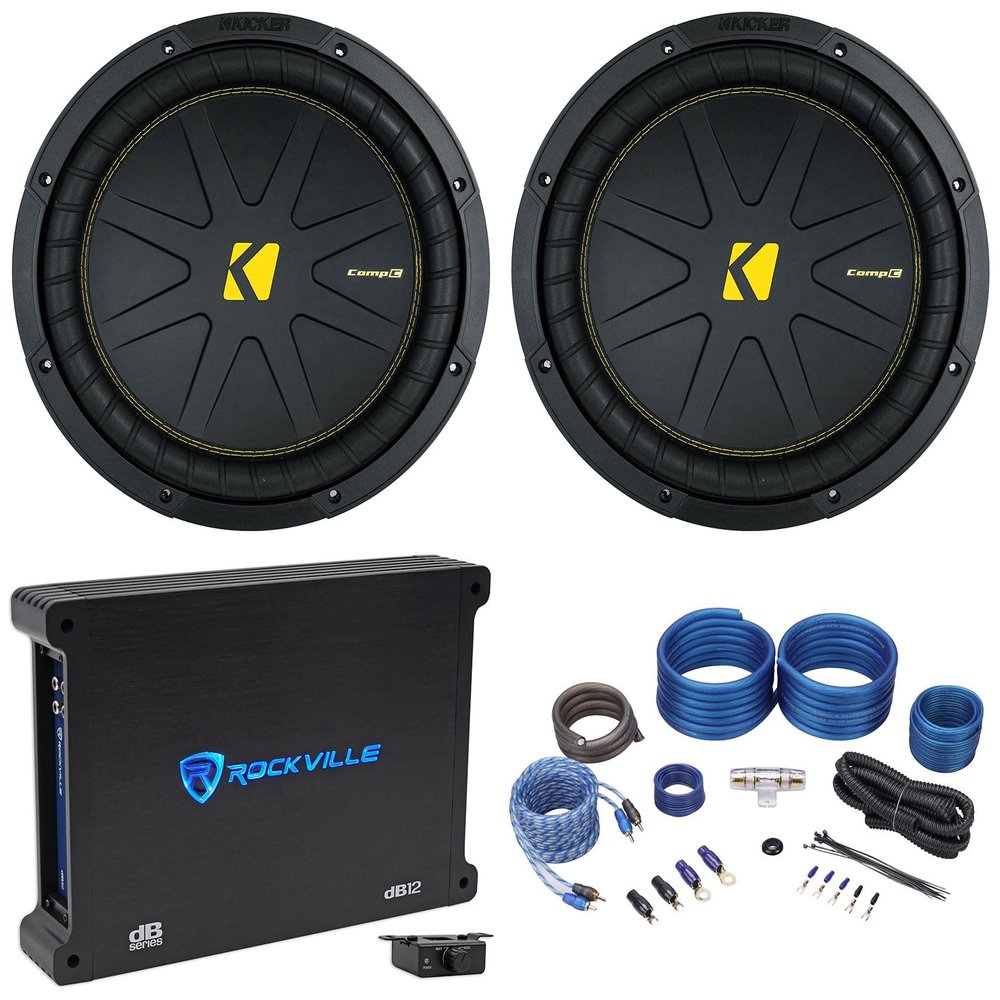 2 Kicker 50CWCS124 CompC 12" SVC 4 ohm Subwoofers Bundle with Rockville Mono Amplifier+Amp Kit CWCS124 (4 Items)