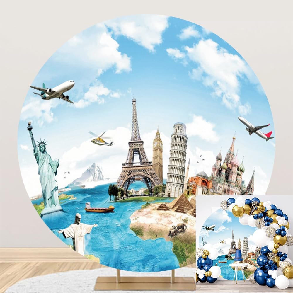 TTQYFNM 6.5x6.5ft Around The World Round Backdrop Cover Globe Travel Famous Landmark Earth Map Worldwide Vacation Photography Background for Wedding Honeymoon Kids Adult Portrait Photo Studio Props