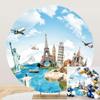 TTQYFNM 6.5x6.5ft Around The World Round Backdrop Cover Globe Travel Famous Landmark Earth Map Worldwide Vacation Photography Background for Wedding Honeymoon Kids Adult Portrait Photo Studio Props view 1