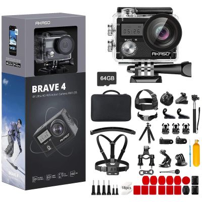 AKASO Brave 4 Action Camera with 64GB SD Card and 60 in 1 Accessories Kit