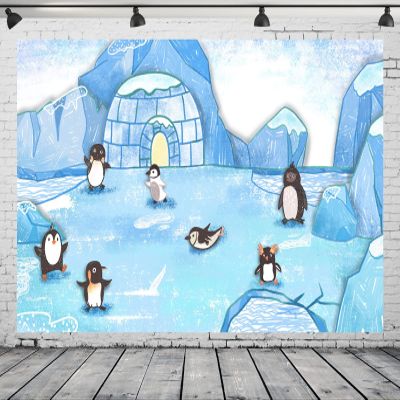 CORFOTO 7x5ft Fabric Penguin Photography Backdrop Cartoon Arctic Background Winter Animal Decorations Kids Penguin Themed Birthday Party Supplies Baby Shower Backdrop Photoshoot Studio Booth Props