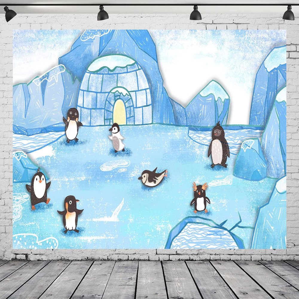 CORFOTO 7x5ft Fabric Penguin Photography Backdrop Cartoon Arctic Background Winter Animal Decorations Kids Penguin Themed Birthday Party Supplies Baby Shower Backdrop Photoshoot Studio Booth Props