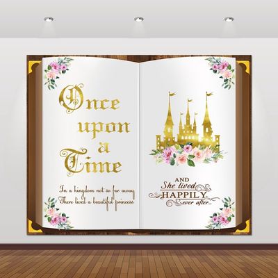10x8ft Once Upon A Time Backdrop for Princess Birthday Party Decorations Fairy Tale Books Castle Pink Floral Flowers Girls First Birthday Party Background Banner Cake Table Decorations