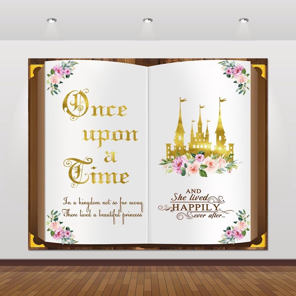 10x8ft Once Upon A Time Backdrop for Princess Birthday Party Decorations Fairy Tale Books Castle Pink Floral Flowers Girls First Birthday Party Background Banner Cake Table Decorations