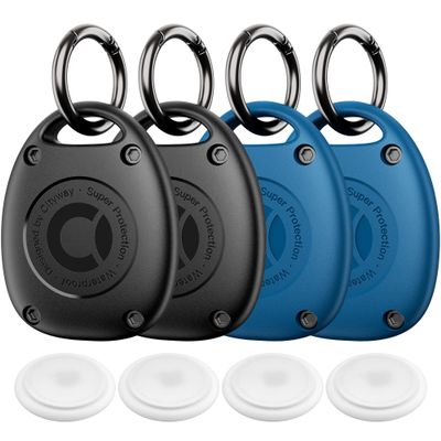 (4 Pack) for AirTag Keychain Holder Case | IPX8 Waterproof, Ultra-Compact | Portable for Air Tag Holder Cover for Backpack, Keys, Luggage - 2 Black/2 Blue