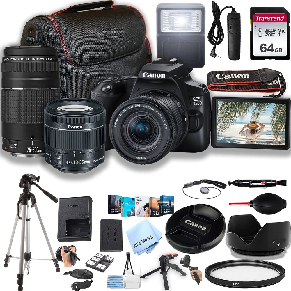 Canon EOS 250D / Rebel SL3 DSLR Camera w/EF-S 18-55mm F/4-5.6 STM Zoom Lens + 75-300mm F/4-5.6 III Lens + 64GB Memory, Case, Tripod, Flash, Remote, and More (34pc Bundle) (Renewed)