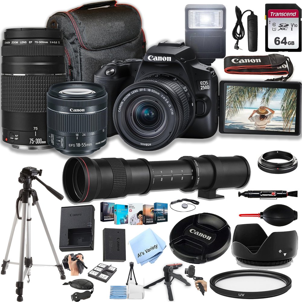 Canon EOS 250D / Rebel SL3 DSLR Camera w/EF-S 18-55mm F/4-5.6 STM Zoom Lens + 75-300mm F/4-5.6 III Lens + 420-800mm Super Telephoto Lens + 64GB Memory, Case, Tripod, Flash (38pc Bundle) (Renewed)