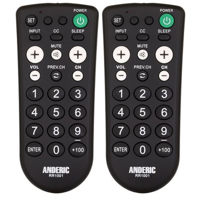 [2 Pack] Anderic RR1001 Simple TV Universal Remote - Works All Brands - Great for Hotels and Hospitality Rooms - Simple Universal Remote