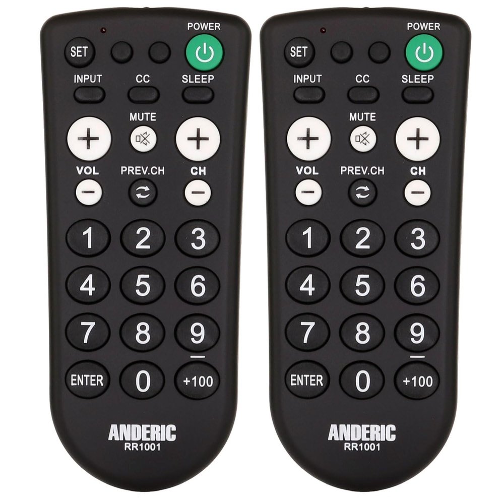 [2 Pack] Anderic RR1001 Simple TV Universal Remote - Works All Brands - Great for Hotels and Hospitality Rooms - Simple Universal Remote
