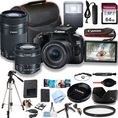 Canon EOS 250D / Rebel SL3 DSLR Camera w/EF-S 18-55mm F/4-5.6 STM Zoom Lens + 55-250mm f/4-5.6 is STM Lens + 64GB Memory, Case, Tripod, Flash, Remote, and More (34pc Bundle) (Renewed)