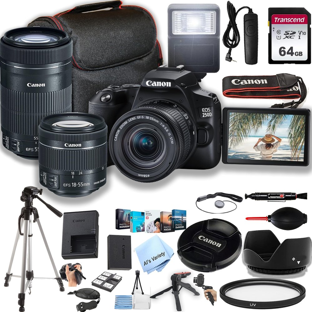 Canon EOS 250D / Rebel SL3 DSLR Camera w/EF-S 18-55mm F/4-5.6 STM Zoom Lens + 55-250mm f/4-5.6 is STM Lens + 64GB Memory, Case, Tripod, Flash, Remote, and More (34pc Bundle) (Renewed)