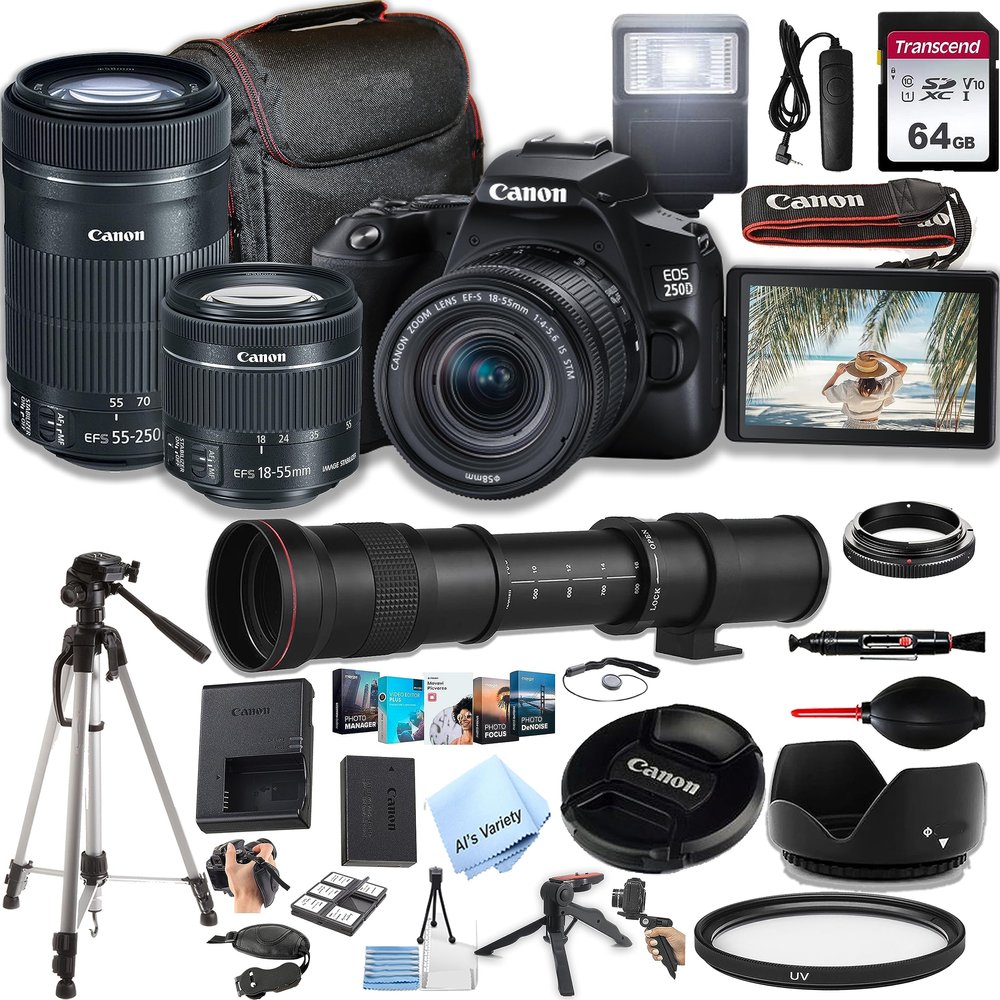 Canon EOS 250D / Rebel SL3 DSLR Camera w/EF-S 18-55mm F/4-5.6 STM Zoom Lens + 55-250mm f/4-5.6 is STM Lens + 420-800mm Super Telephoto Lens + 64GB Memory, Case, Tripod, Flash(38pc Bundle) (Renewed)