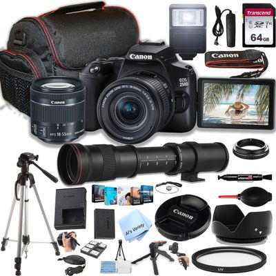 Canon EOS 250D / Rebel SL3 DSLR Camera w/EF-S 18-55mm F/4-5.6 STM Zoom Lens + 420-800mm Super Telephoto Lens + 64GB Memory, Case, Tripod, Flash, Remote, and More (36pc Bundle) (Renewed)